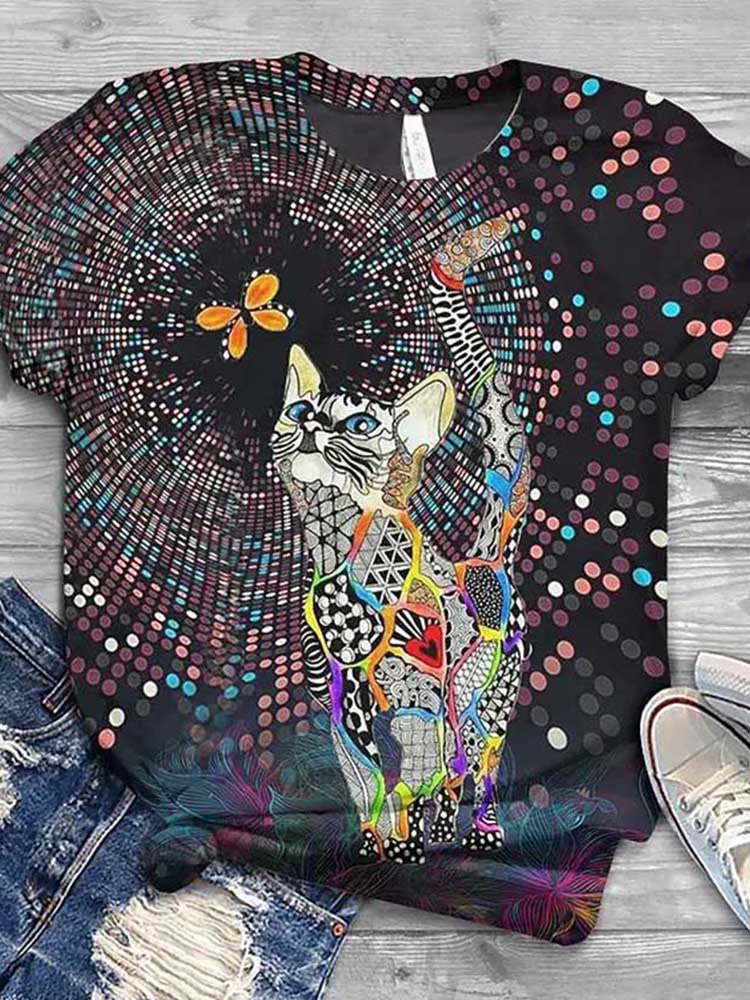 Multicolor Fantasy Cat Print Casual T-shirt