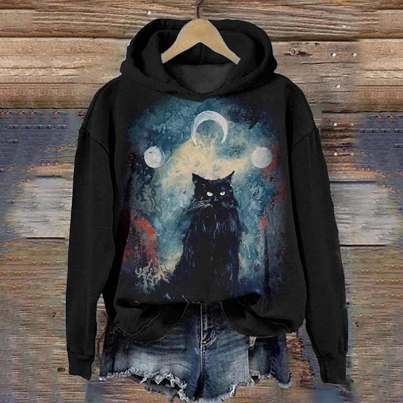 Black Cat Sits Beneath Three Moons Print Hoodie