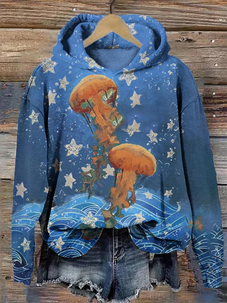 Ocean Starry Sky Jellyfish Oil Painting Print Casual Hoodie