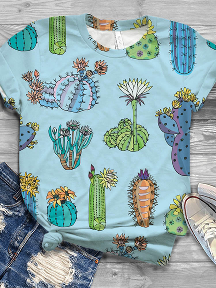 Cactus Print Short Sleeve Casual O-neck T-shirt
