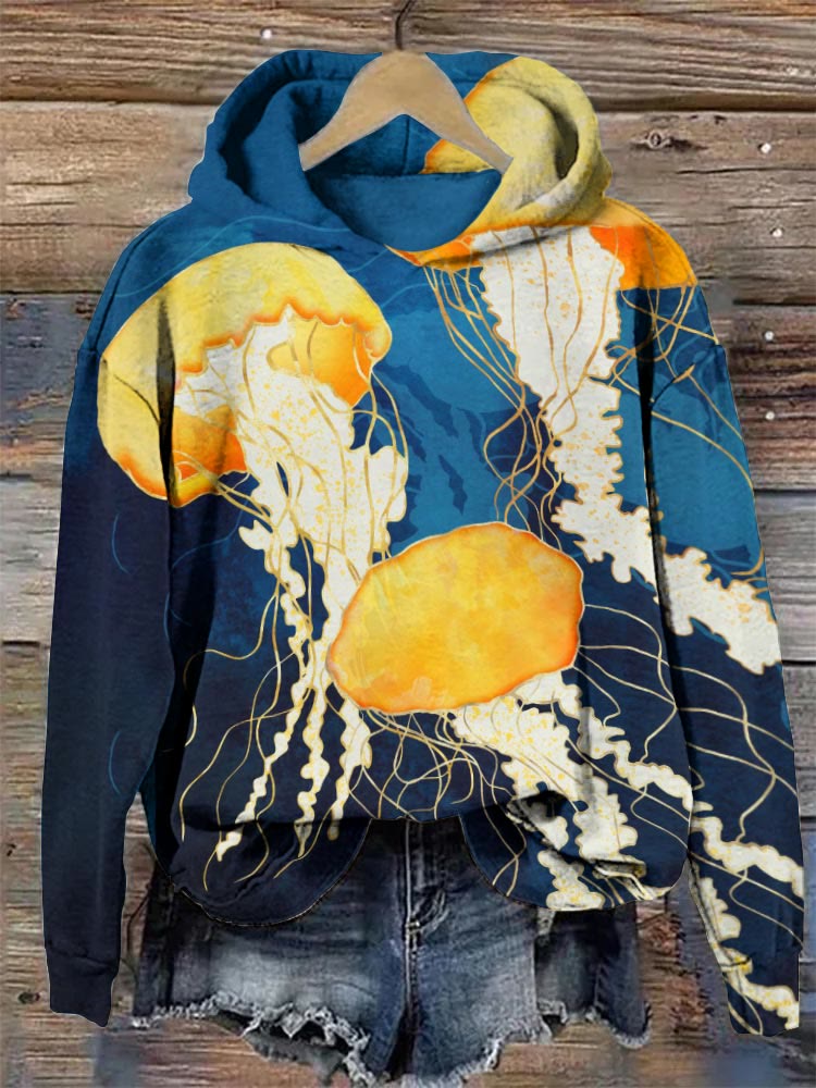 Yellow Metallic Jellyfish Art Print Cozy Hoodie