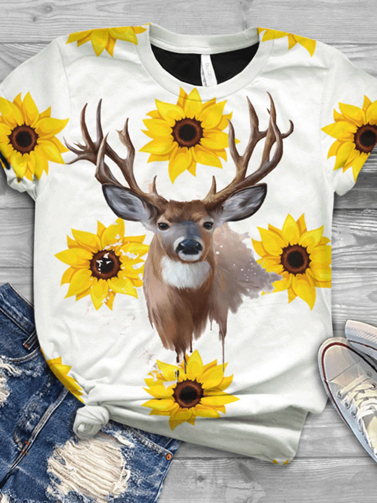 Sunflower Deer Print Short Sleeve Casual O-neck T-shirt