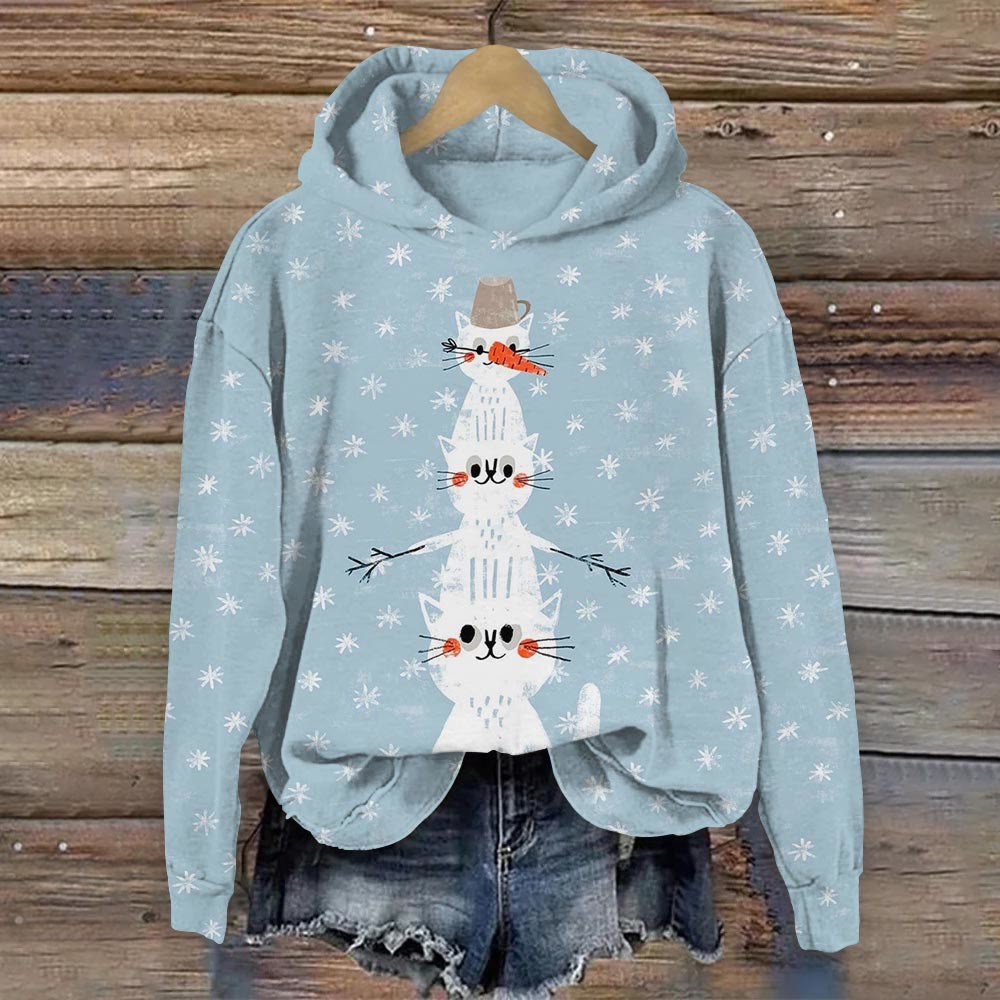 Women's Cute Christmas Snowman Kitten Print Hoodie
