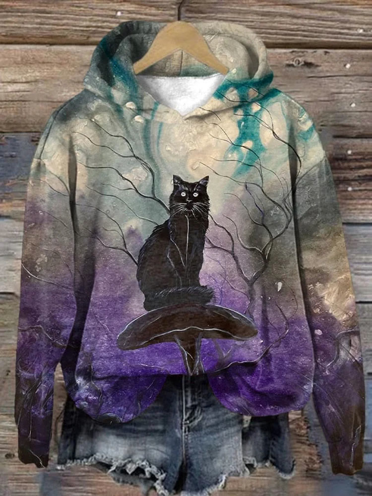 Retro Dark Cat Print Hoodie