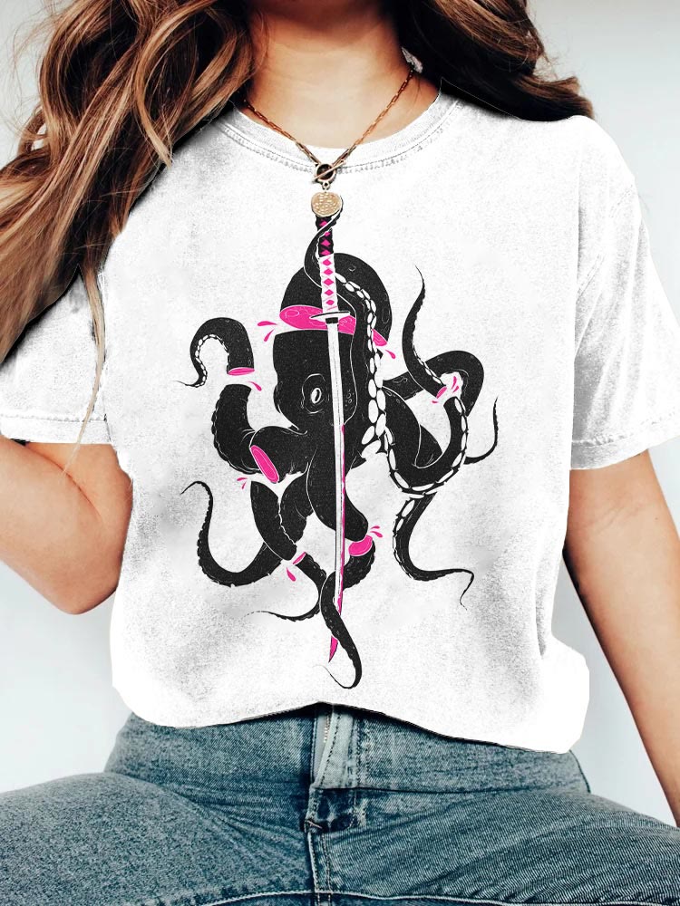 Japanese Style Katana Octopus Print Crew Neck T-shirt