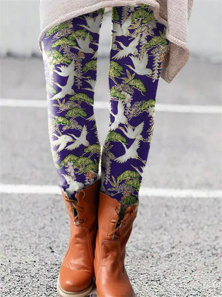 Japanese Pine And Crane Print Leggings