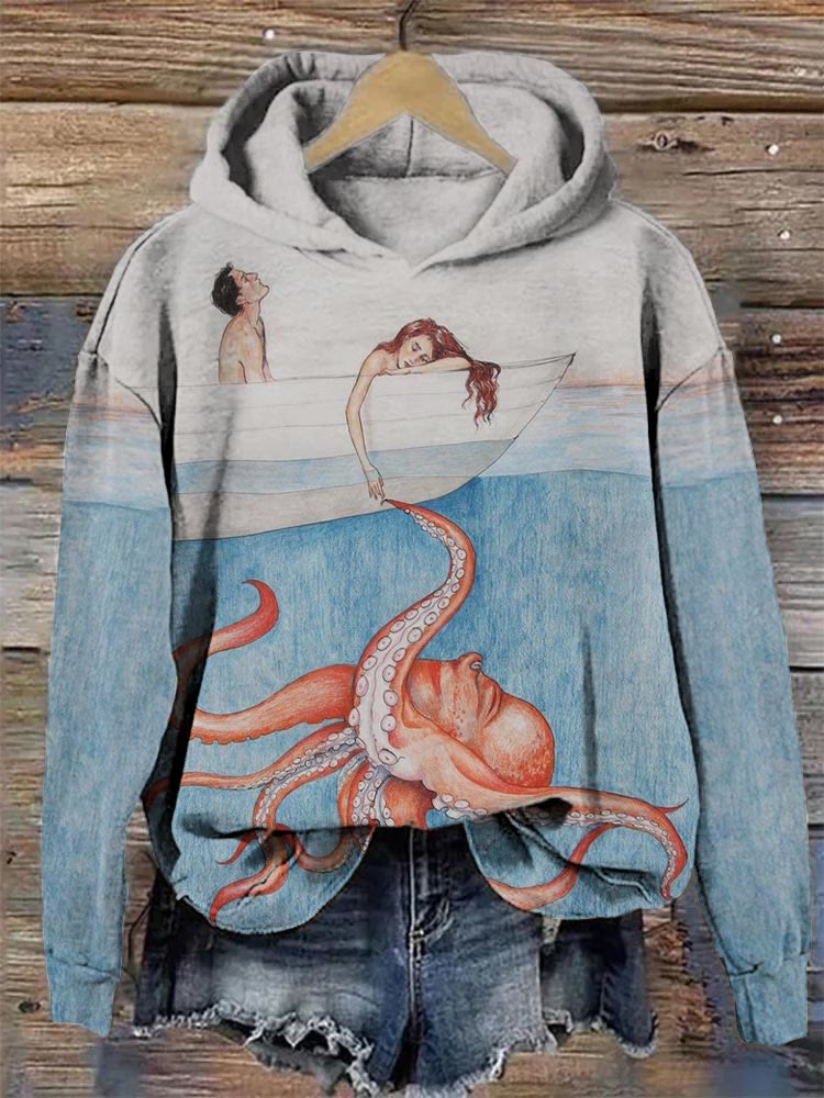 Octopus And Girl Print Hoodie