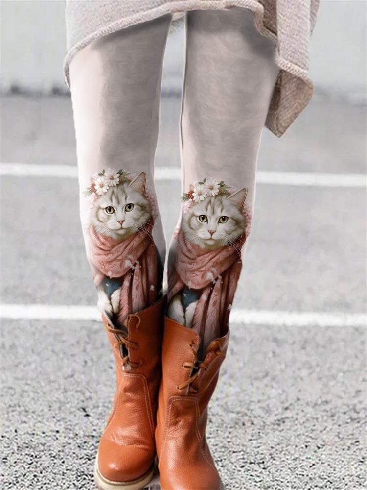 Winter Cute And Elegant Kitten Print Casual Leggings