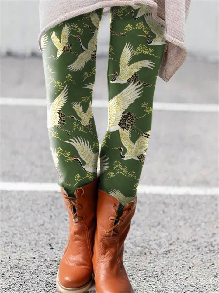 Cranes & Pine Trees Japanese Traditional Pattern Leggings