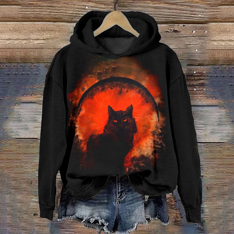 Haunted Black Cat Stares Under The Crescent Moon Print Hoodie