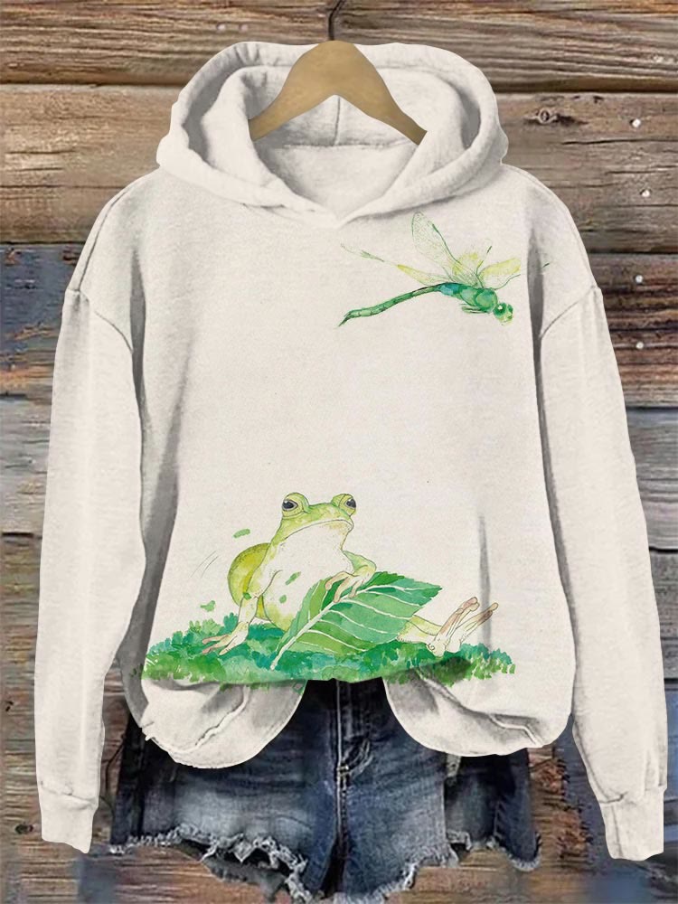 Frog And Dragonfly Watercolor Print Casual Hoodie