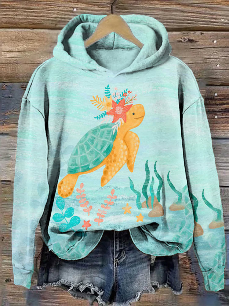 Cute Fantasy Cartoon Sea Turtle Print Casual Hoodie