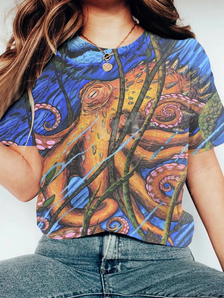 Women's Deep Sea Octopus Printed Casual T-shirt