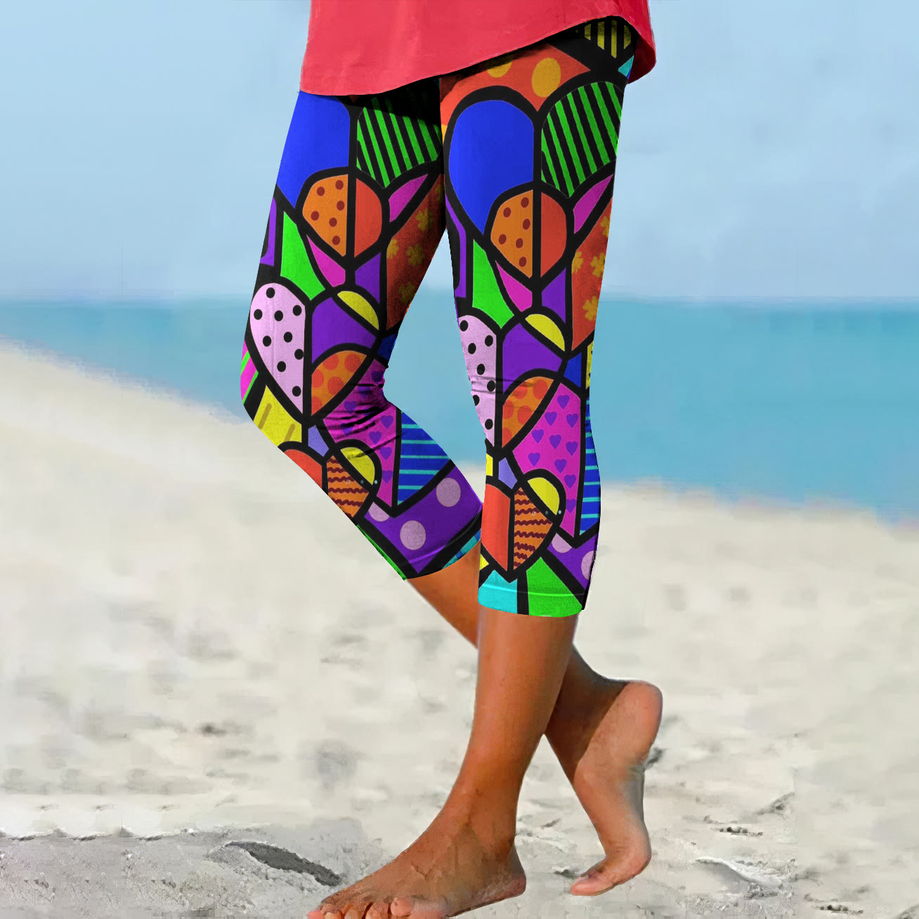 Women's Heart Print Casual Capri Leggings