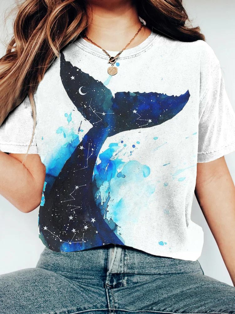 Fantasy Starry Sky Whale Tail Print T-shirt