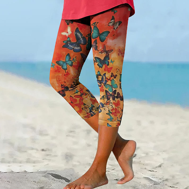 Women's Ombre Butterfly Print Casual Capri Leggings