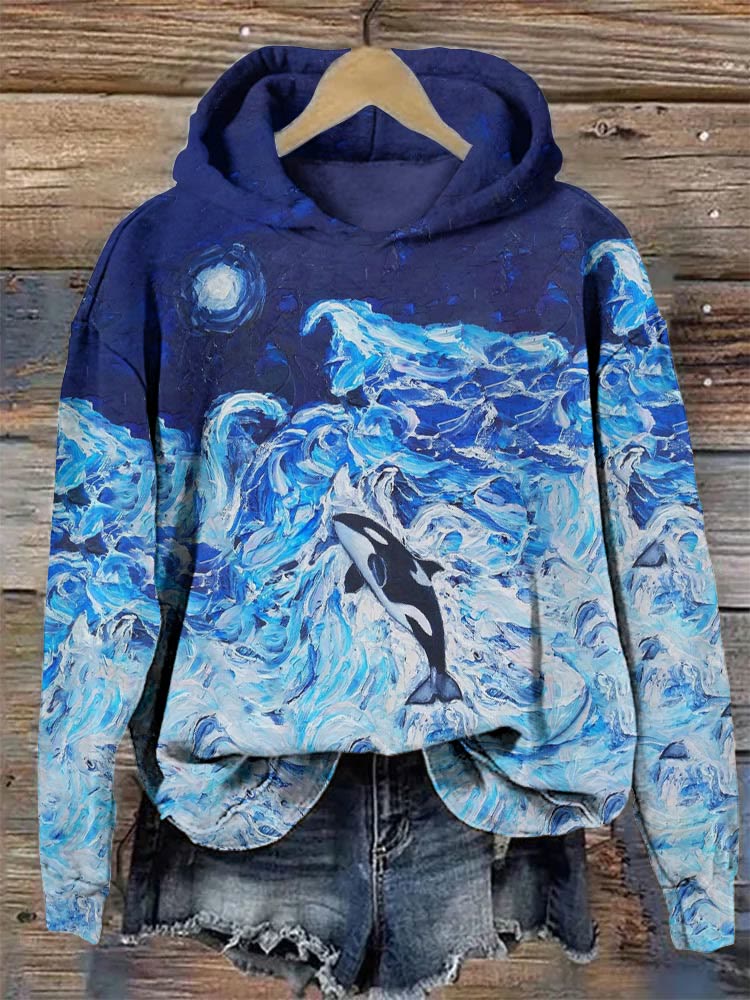Women's Killer Whale Ocean Oil Painting Print Comfy Hoodie