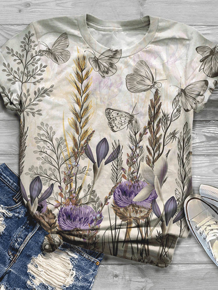 Floral And Butterfly Print Short Sleeve Casual O-neck T-shirt
