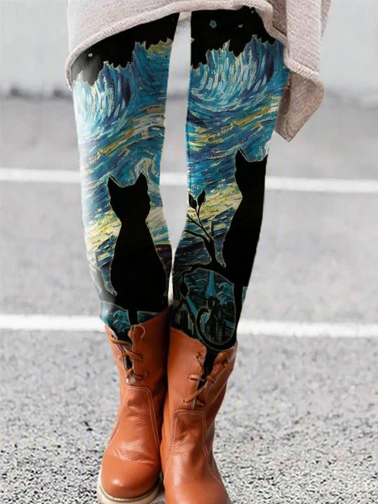 Oil Painting Black Cat Print Casual Leggings