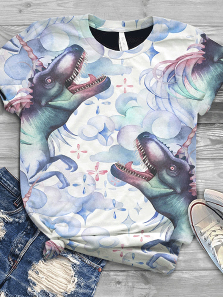 Fantasy Unicorn Dinosaur Print Short Sleeve Casual O-neck T-shirt