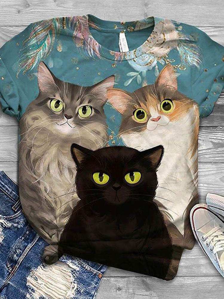 Women's Casual Three Cute Cats Print T-shirt