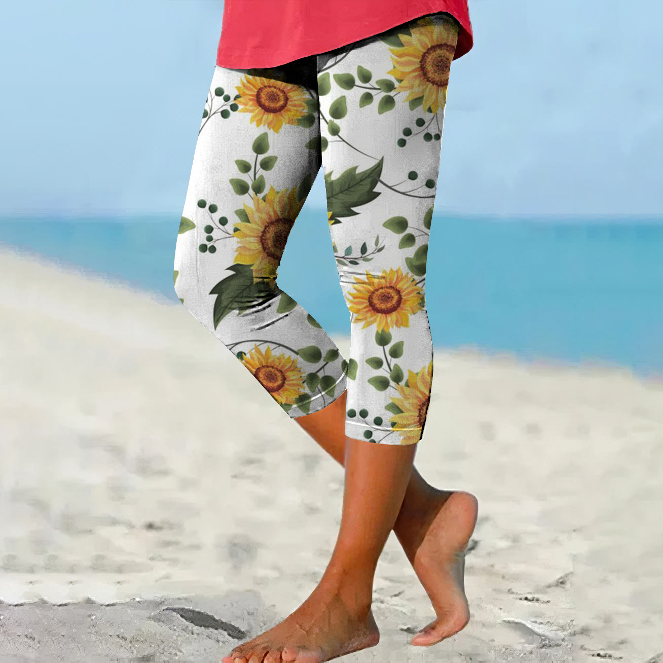 Women's Sunflower Print Casual Capri Leggings