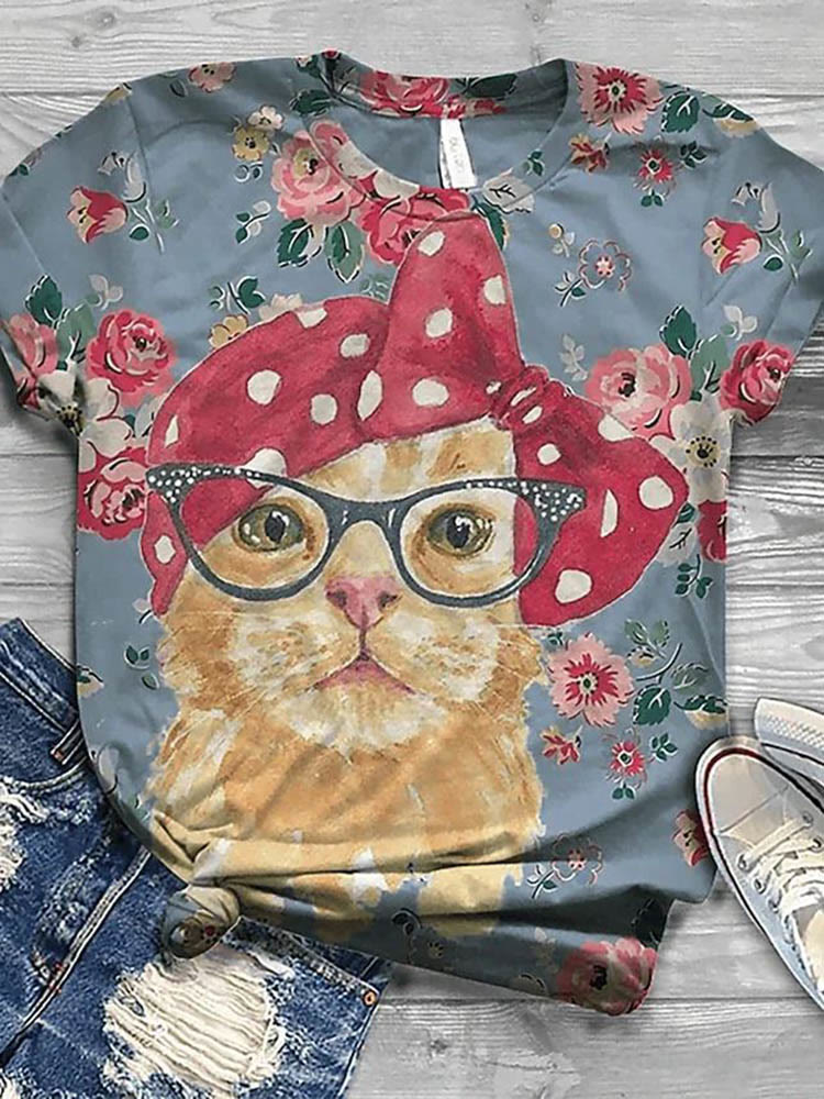 Women's Bow Cat Print Casual T-shirt