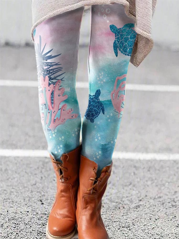Glitter Sea Turtles Pink Ocean Art Casual Leggings