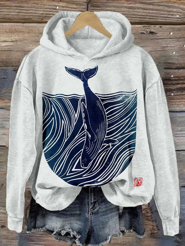 Whale & Waves Japanese Lino Art Comfy Hoodie