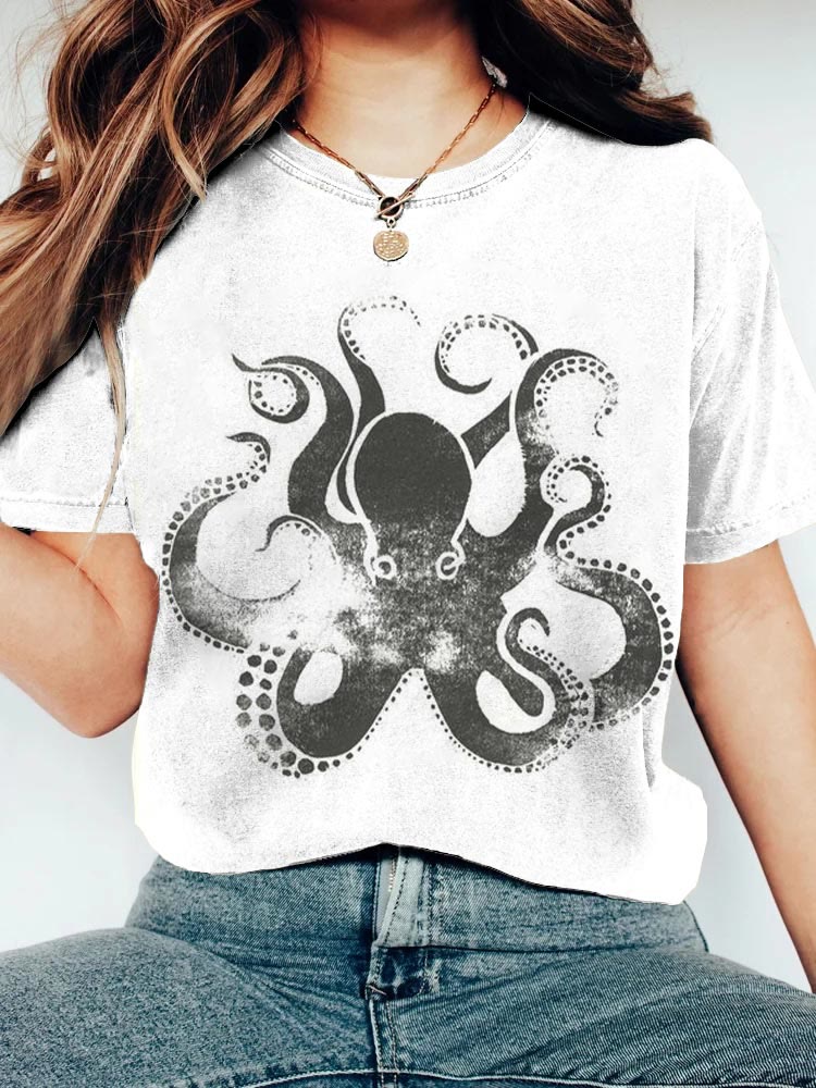 Japanese Art Octopus Print Crew Neck T-shirt