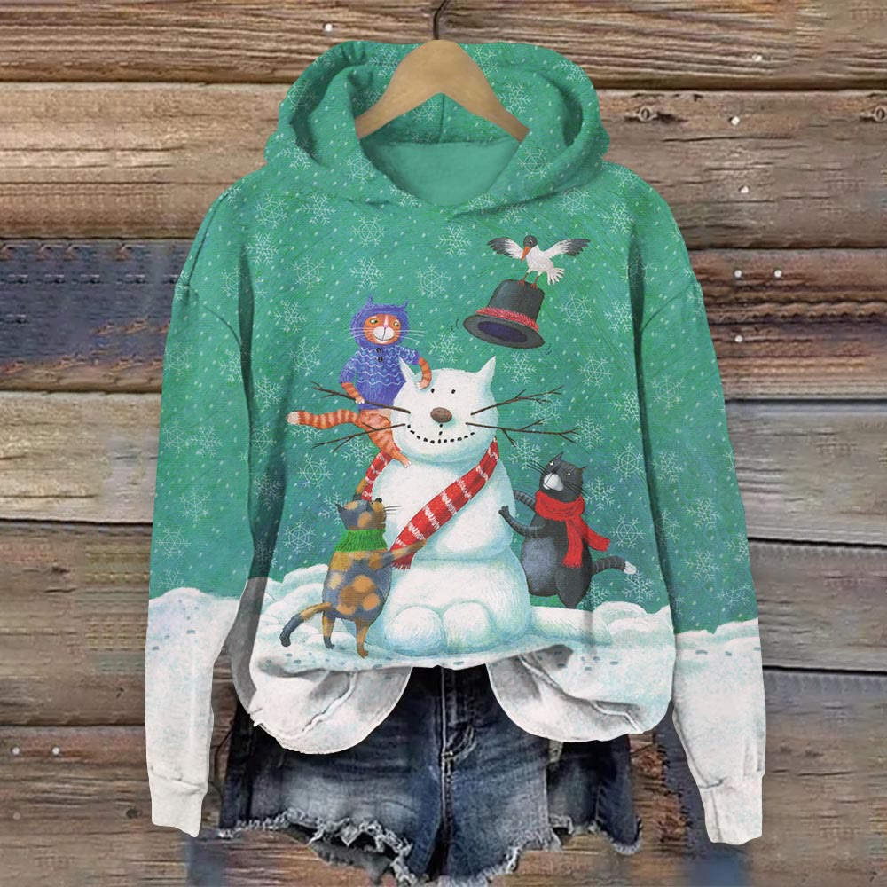 Women's Funny Snowman Cat Print Hoodie