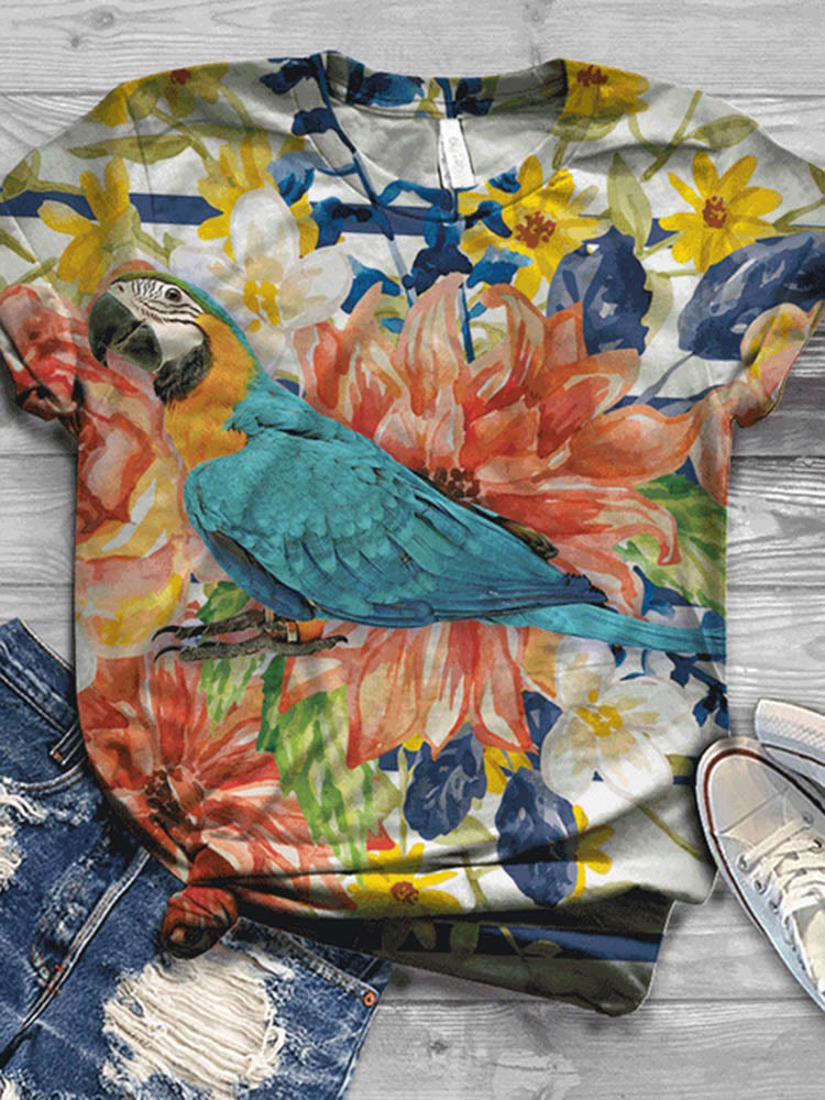 Multicolor Floral Parrot Print Short Sleeve Casual O-neck T-shirt