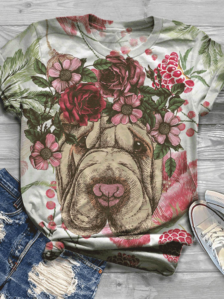 Floral Puppy Print Short Sleeve Casual O-neck T-shirt