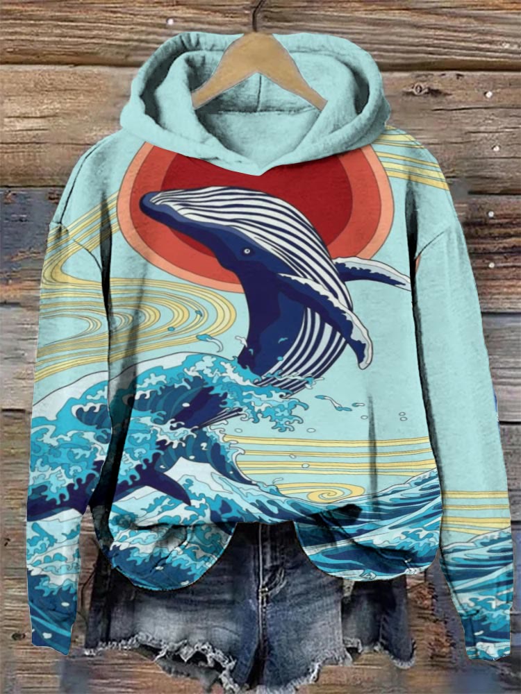 Japanese Wave Whale Print Comfy Hoodie