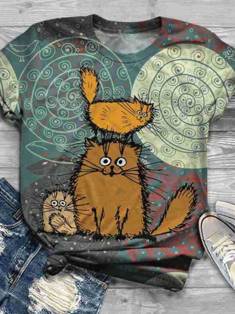 Funny Cartoon Cat Print Casual O-neck T-shirt