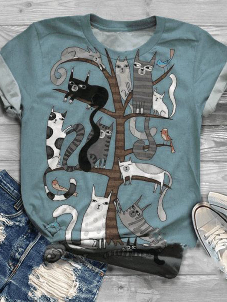 Cute Kitten Tree Print Casual O-neck T-shirt