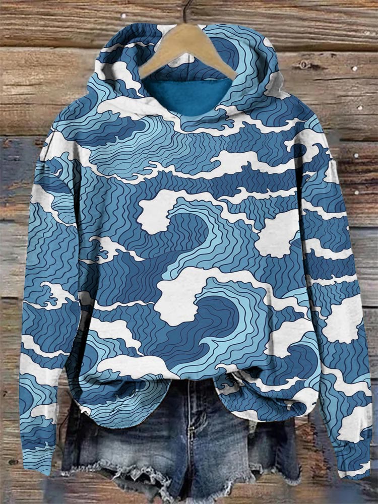 Japanese Ukiyoe Wave Print Casual Hoodie