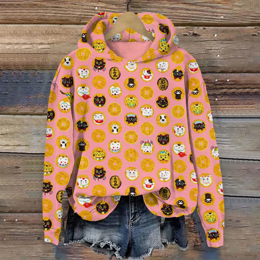 Cute Maneki Neko Coins Koban Beckoning Cat Print Hoodie