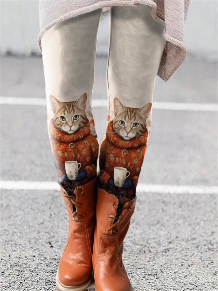 Cute Warm Winter Cat Floral Print Casual Leggings