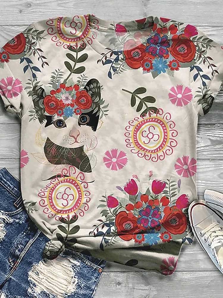 Floral Elegant Kitten Print Casual T-shirt
