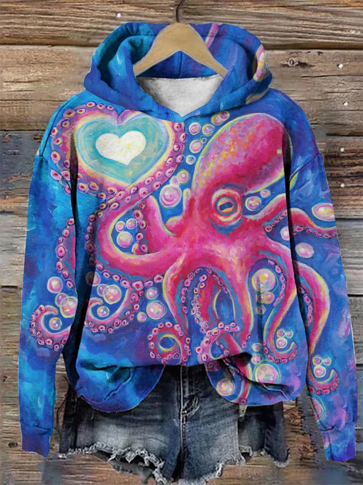 Cute Heart Octopus Print Casual Hoodie