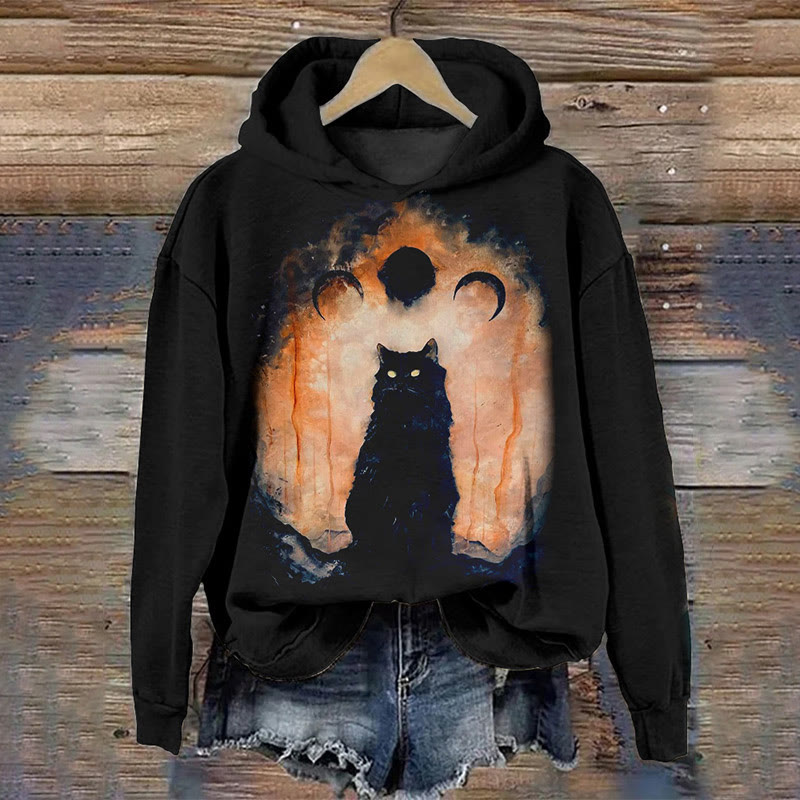 Black Cat Under Black Moon Print Hoodie