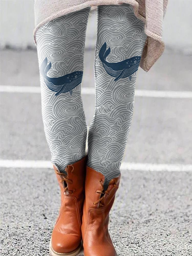 Whale & Waves Lino Art Print Casual Leggings