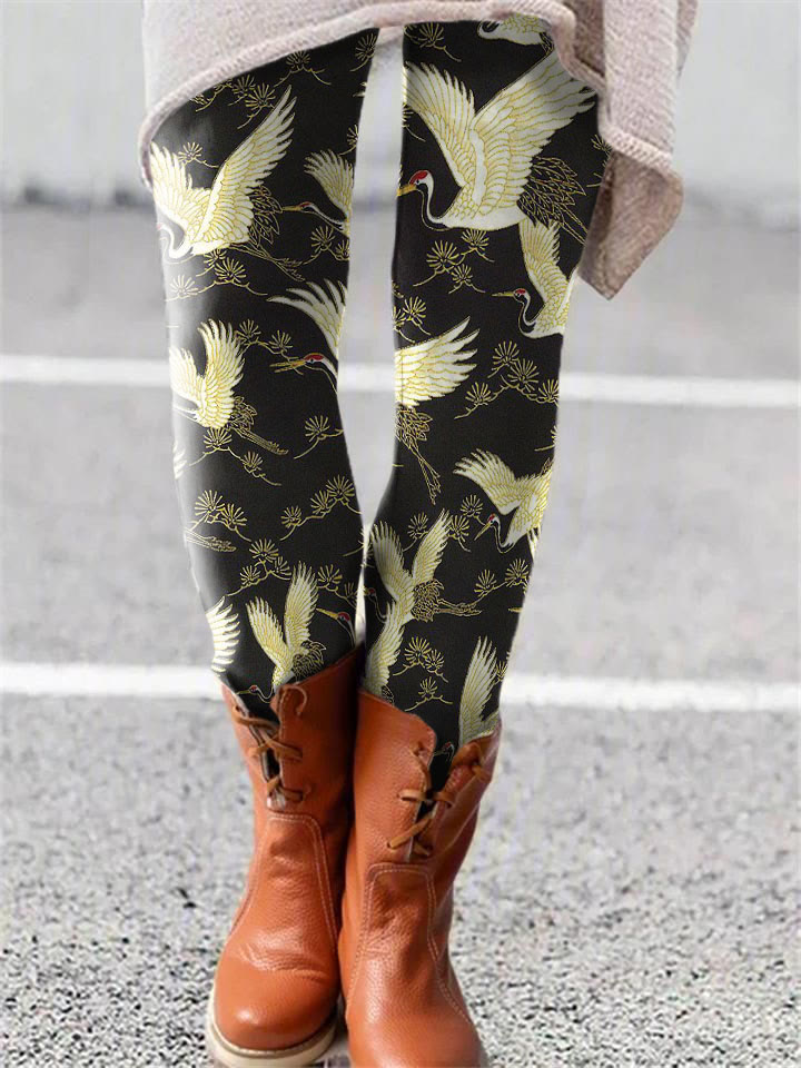 Cranes & Pine Trees Japanese Traditional Pattern Leggings