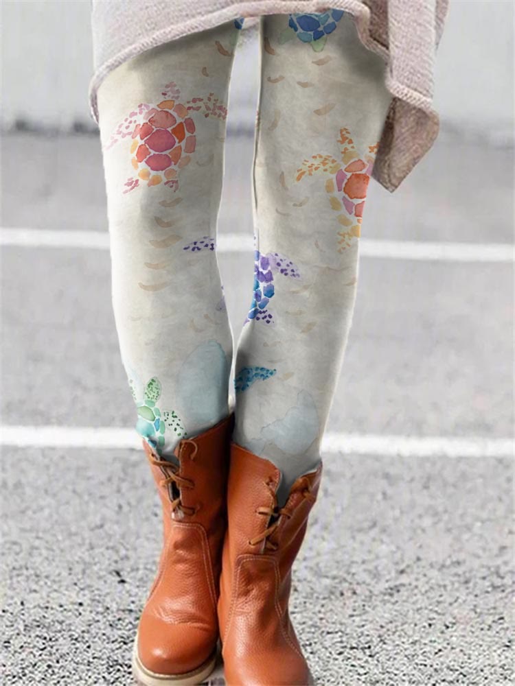 Colorful Baby Sea Turtle Print Casual Leggings