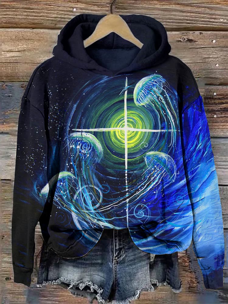 Women's Jesus And The Jelly Fish Print Casual Hoodie