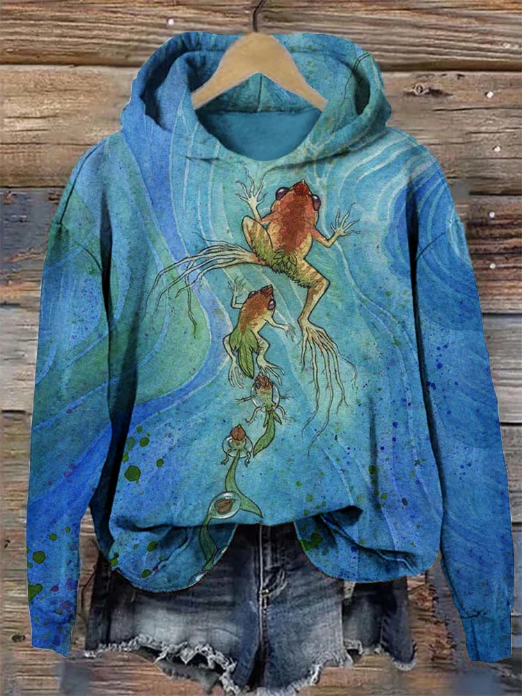 Tadpole Grows Into Frog Oil Painting Printed Hoodie