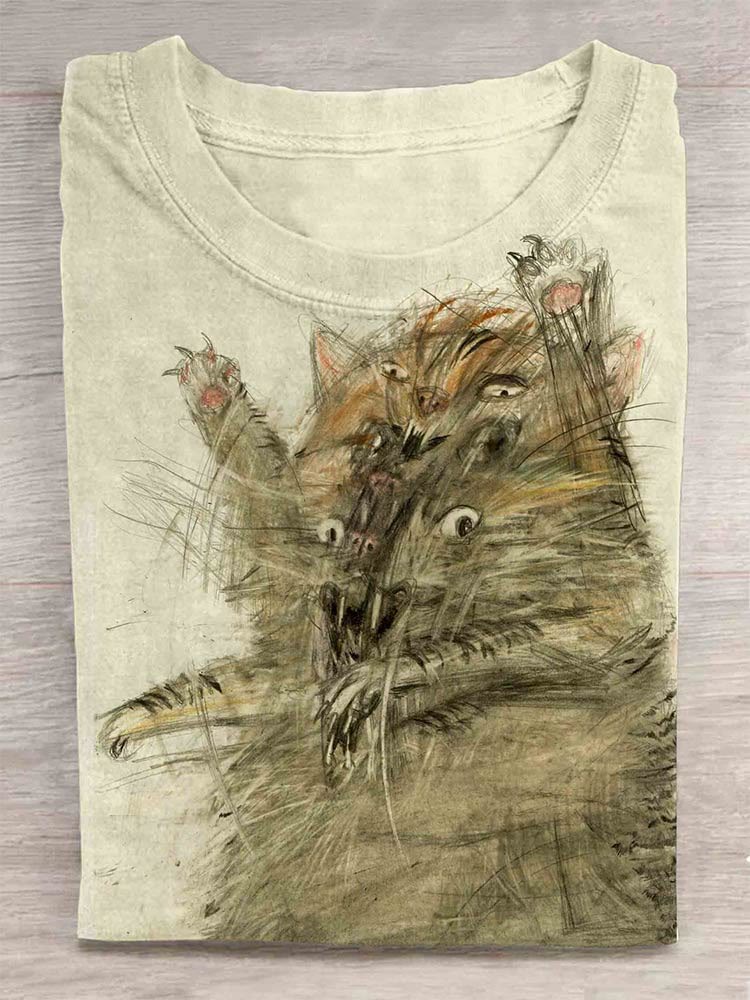 Fighting Abstract Cats Art Design T-shirt