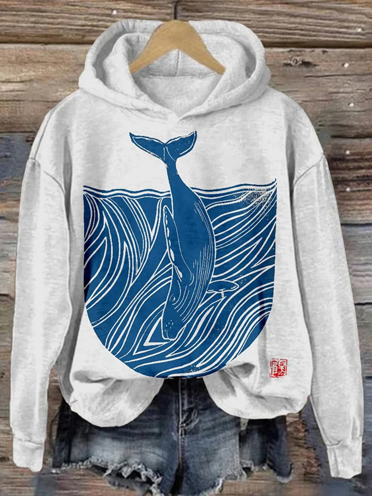 Whale & Waves Japanese Lino Art Comfy Hoodie