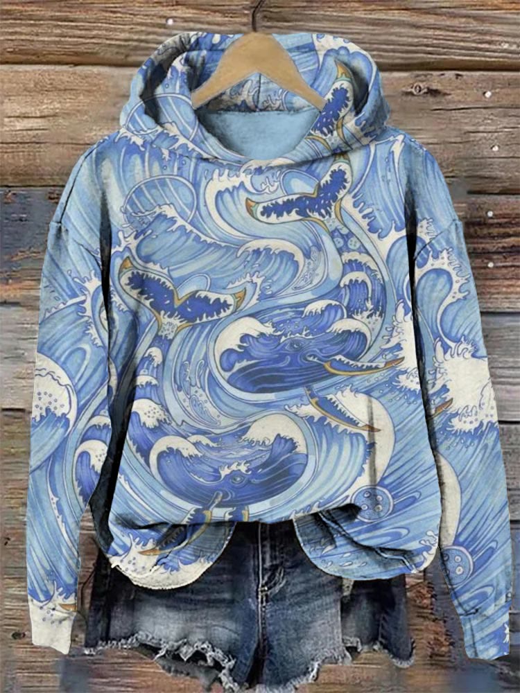 Japanese Wave Whale Print Hoodie